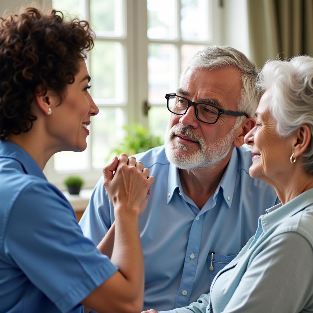 Medical social worker talking to senior couple