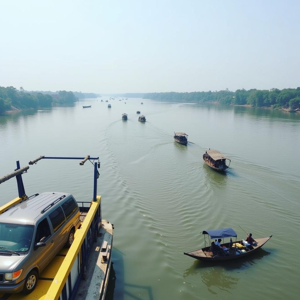 Car ferry crossing the Mekong River in Cambodia