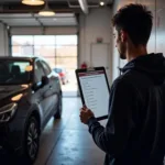 A car owner reviewing a car maintenance checklist