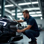 Mercedes AMG service center technician inspecting a car