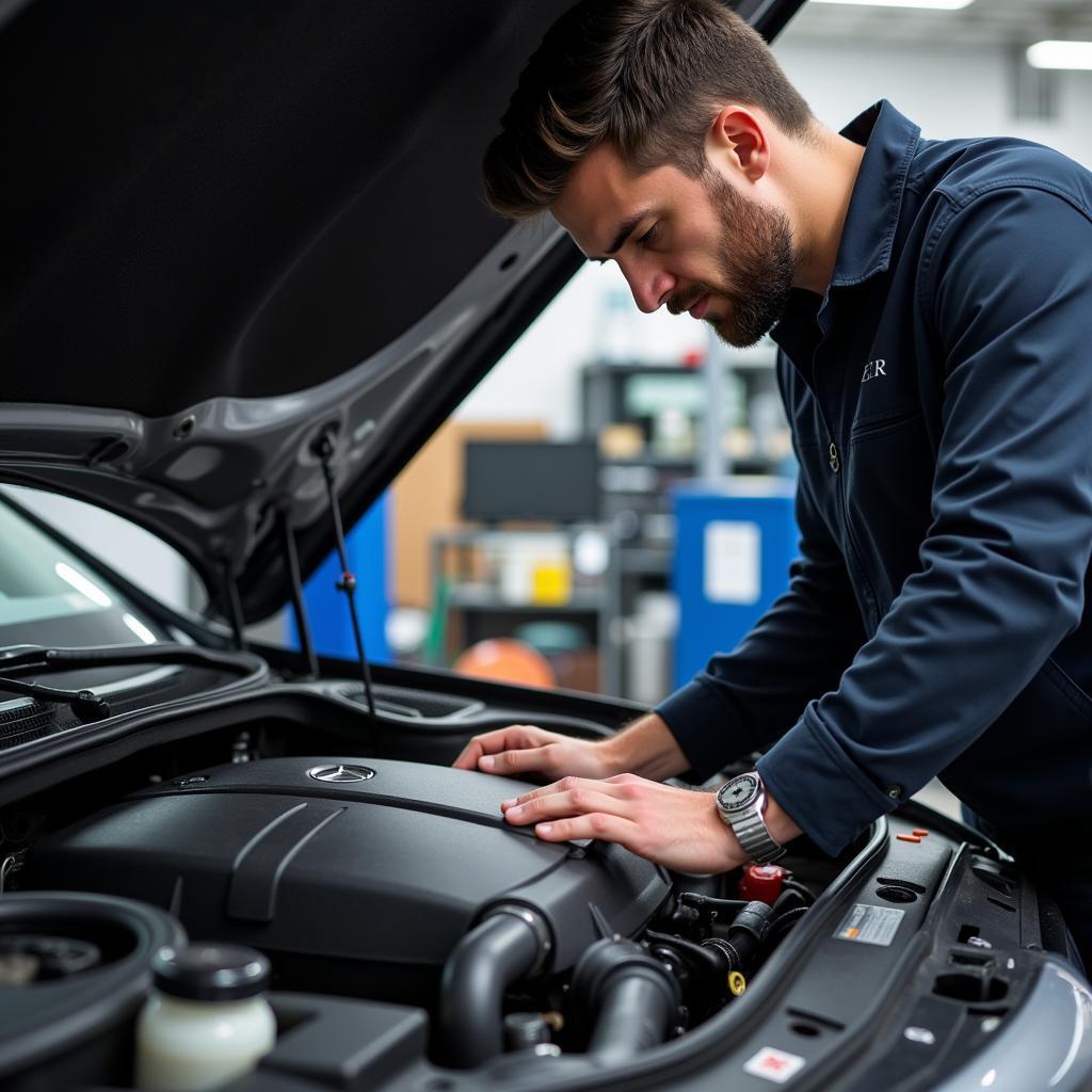 Certified Technician Working on a Mercedes Engine