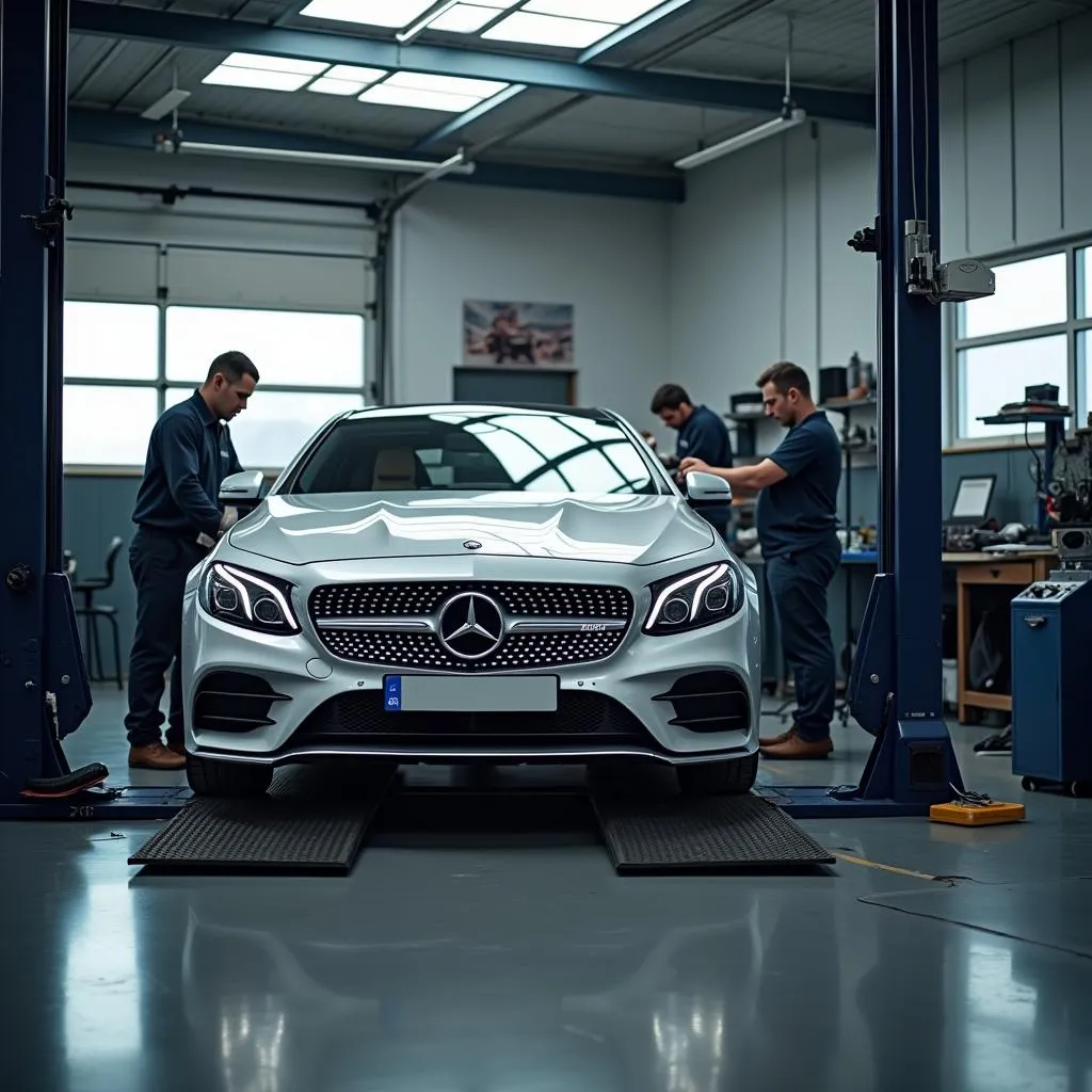 Mercedes-Benz Undergoing Service on a Lift