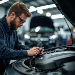 Mercedes-Benz technician inspecting engine