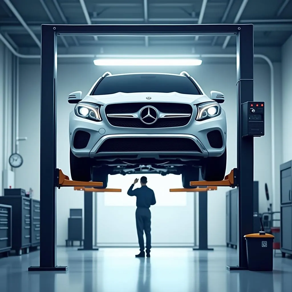 A Mercedes car is up on a lift in a service bay, with a technician performing a routine maintenance check underneath.