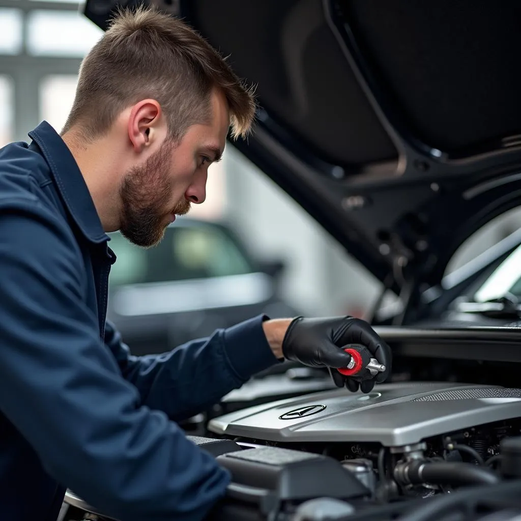 Mercedes Mechanic Inspecting Engine