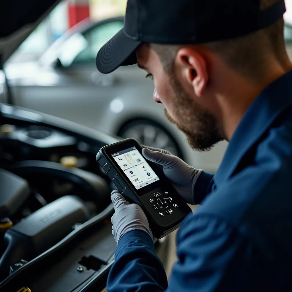 Mercedes Mechanic Performing Diagnostics in Miami