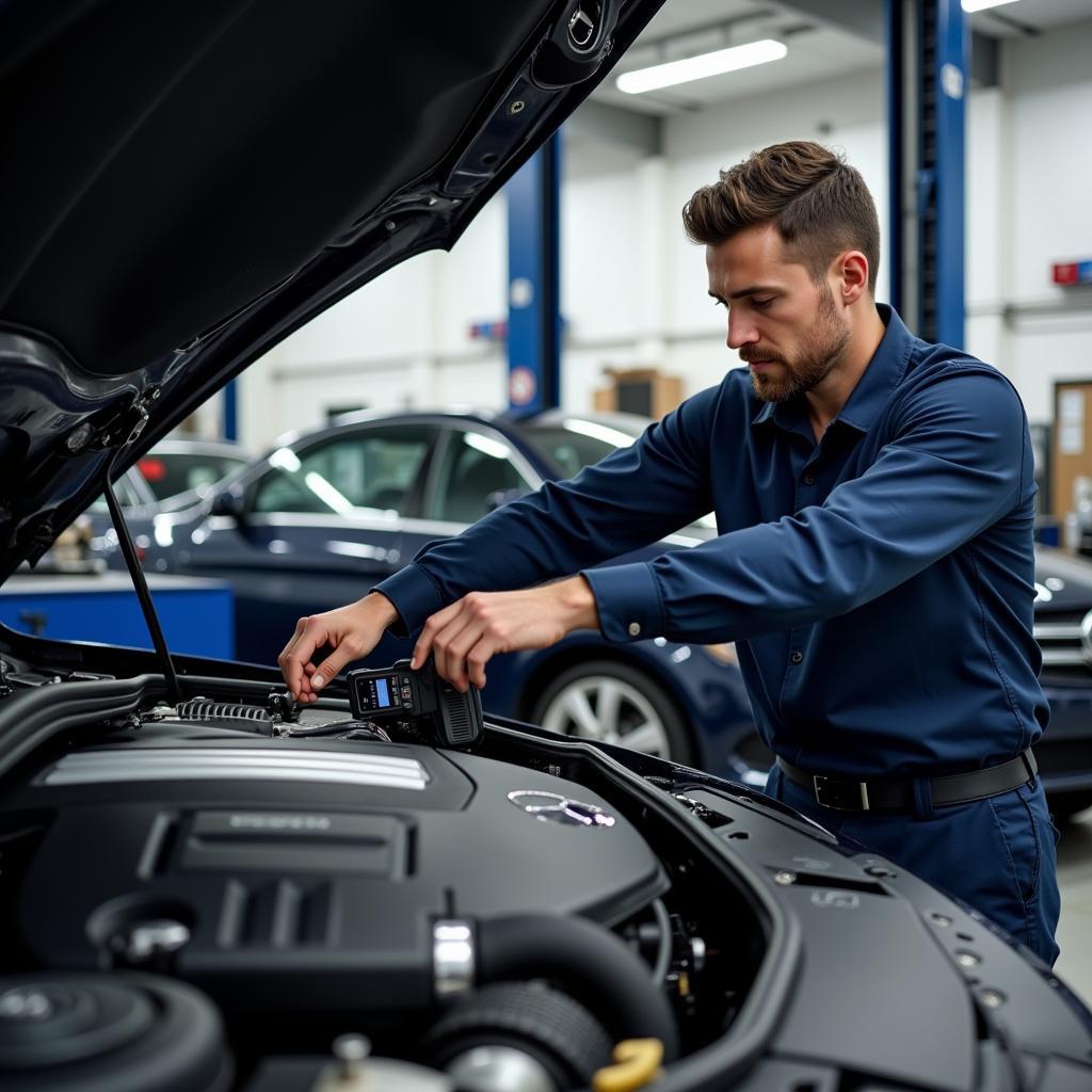 Mercedes-Benz technician inspecting a car engine in a modern repair shop