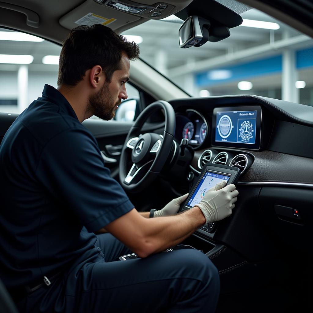 Mercedes-Benz Technician Using Diagnostic Equipment