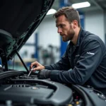 Mercedes Technician Working on Engine