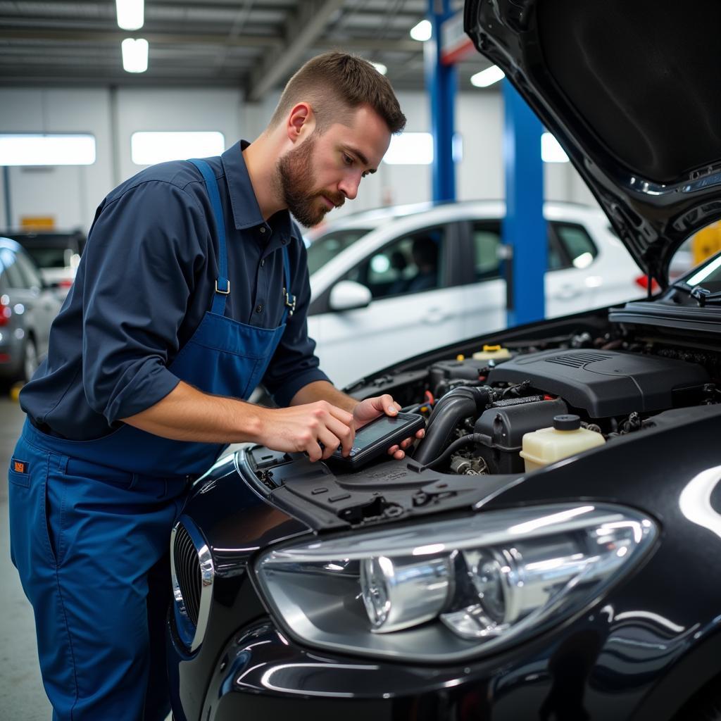 Mechanic inspecting a car in a Miami repair shop