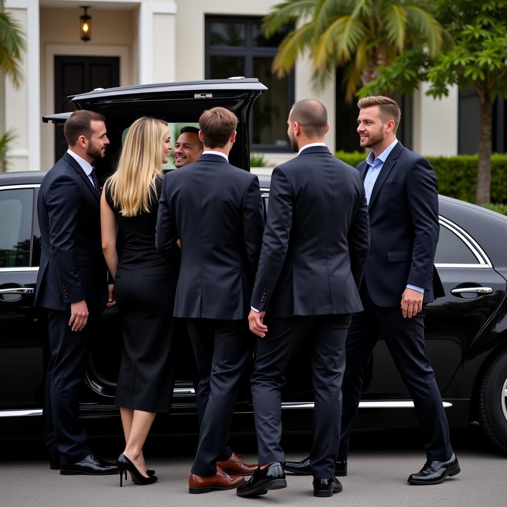  A group of professionals exiting a black car limo at a Miami Shores corporate event venue