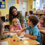 Children at a brightly decorated military child care center