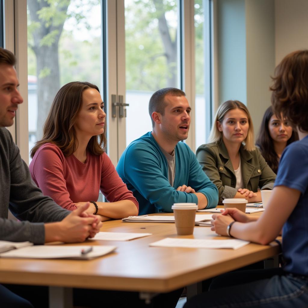 A group of diverse child care providers listen attentively during a training session