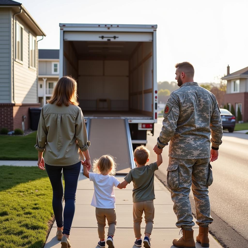  A military family smiles as they prepare for a move