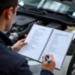 Mechanic checking off a minor car service checklist