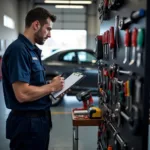 Mechanic performing a minor car service checklist