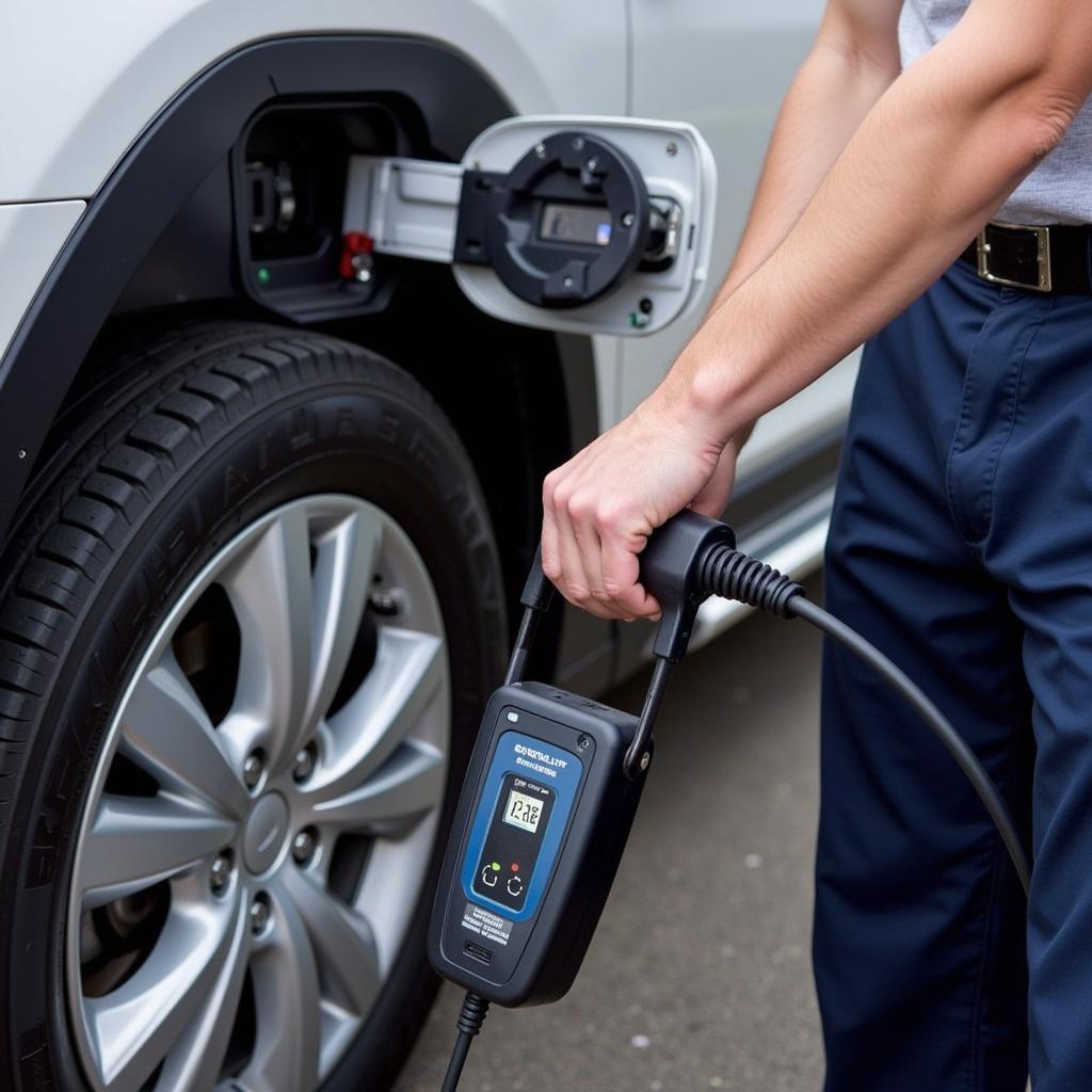 Mobile car battery charging technician at work