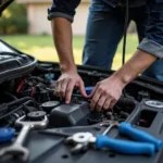 Mobile car service mechanic working on a vehicle