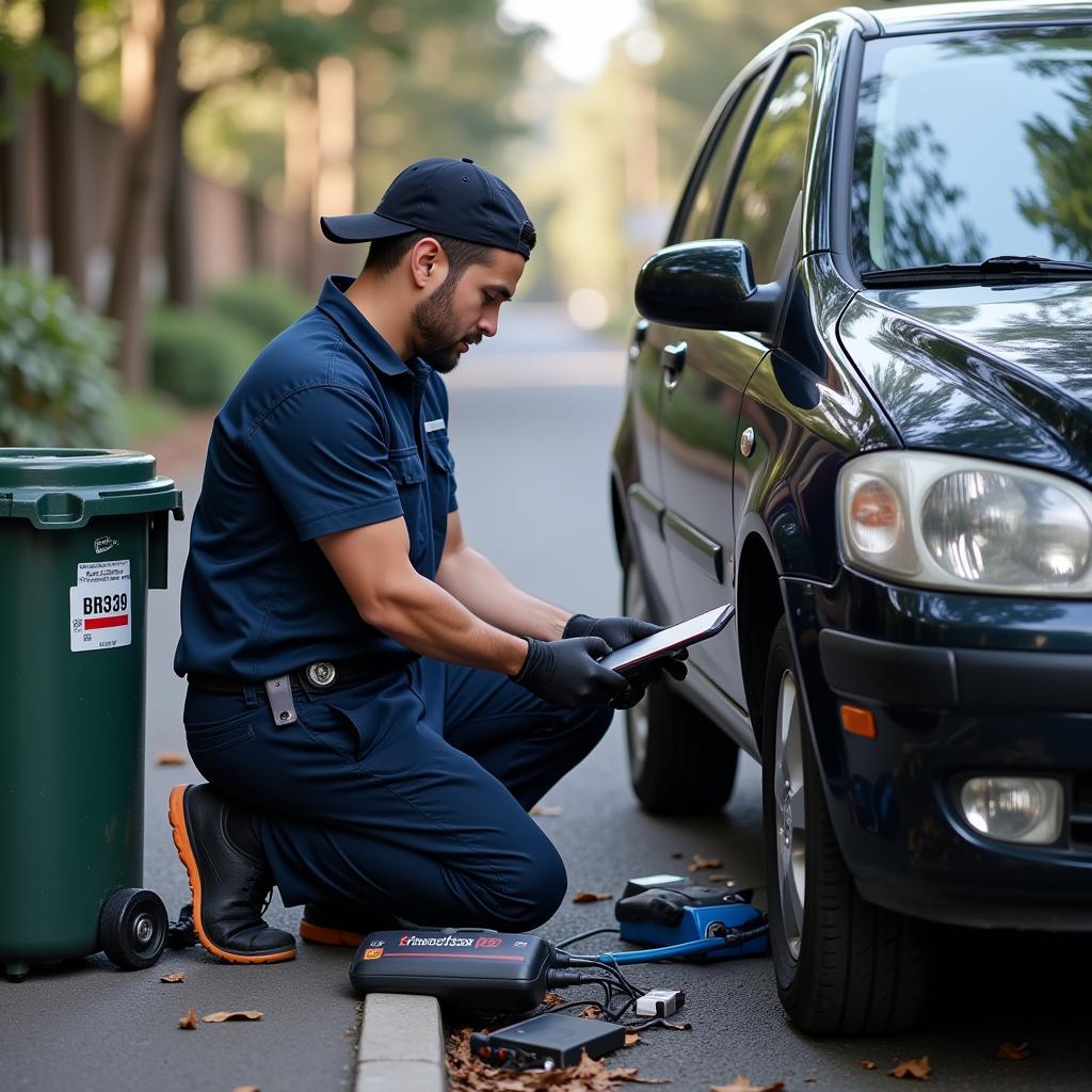 Mobile mechanic diagnosing a car on the roadside