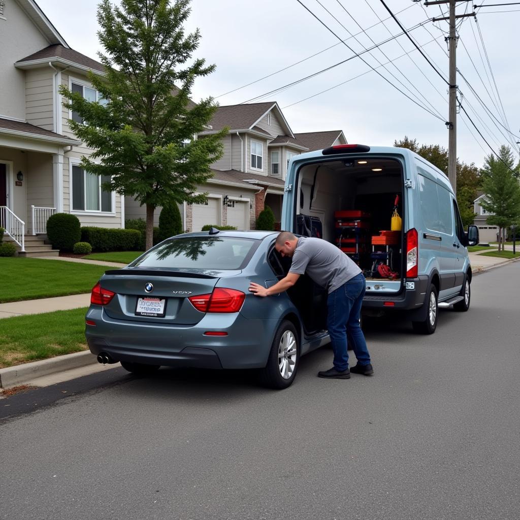 Mobile Mechanic Repairing Car on a Residential Street