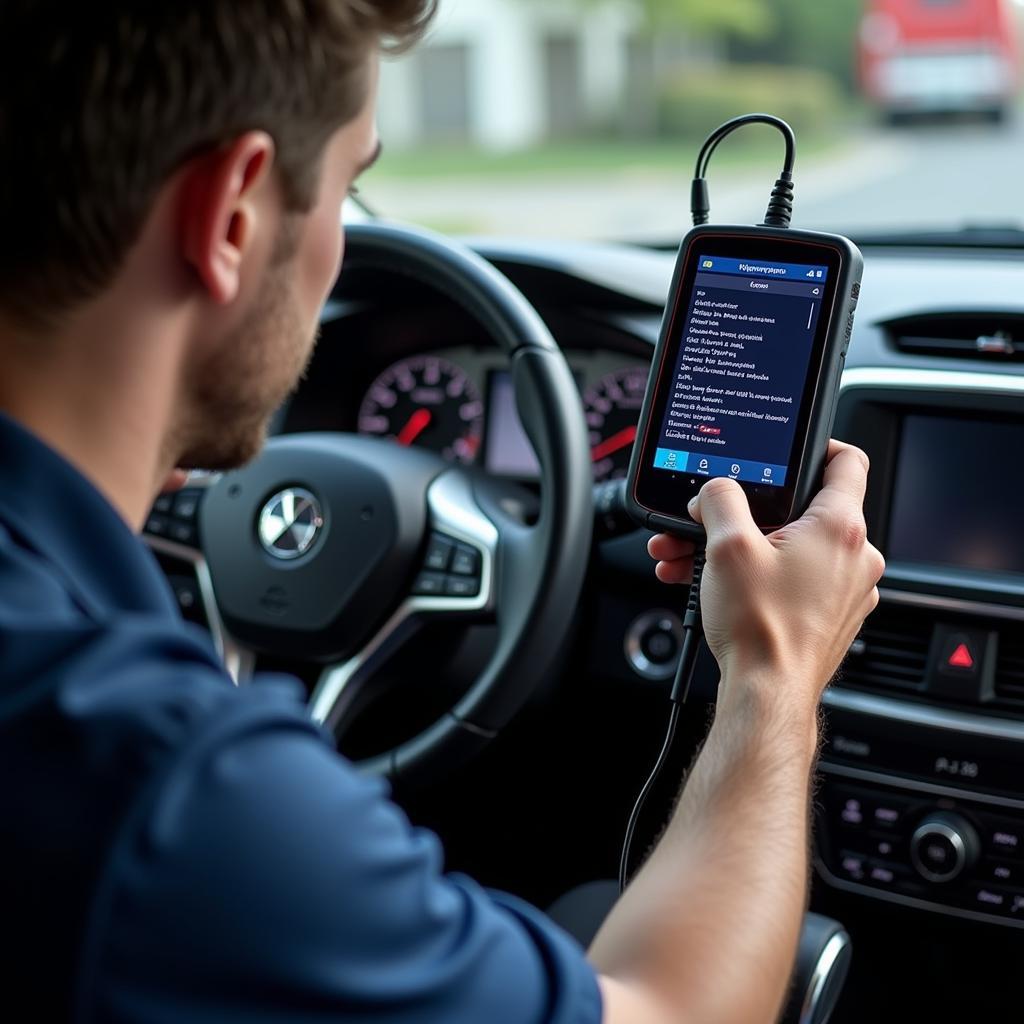 Mechanic using a diagnostic tool on a car