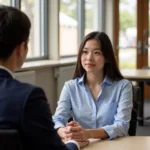 A student practicing interview skills with a career counselor