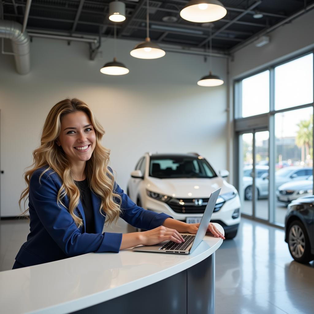 Modern car service center reception area with a customer service representative