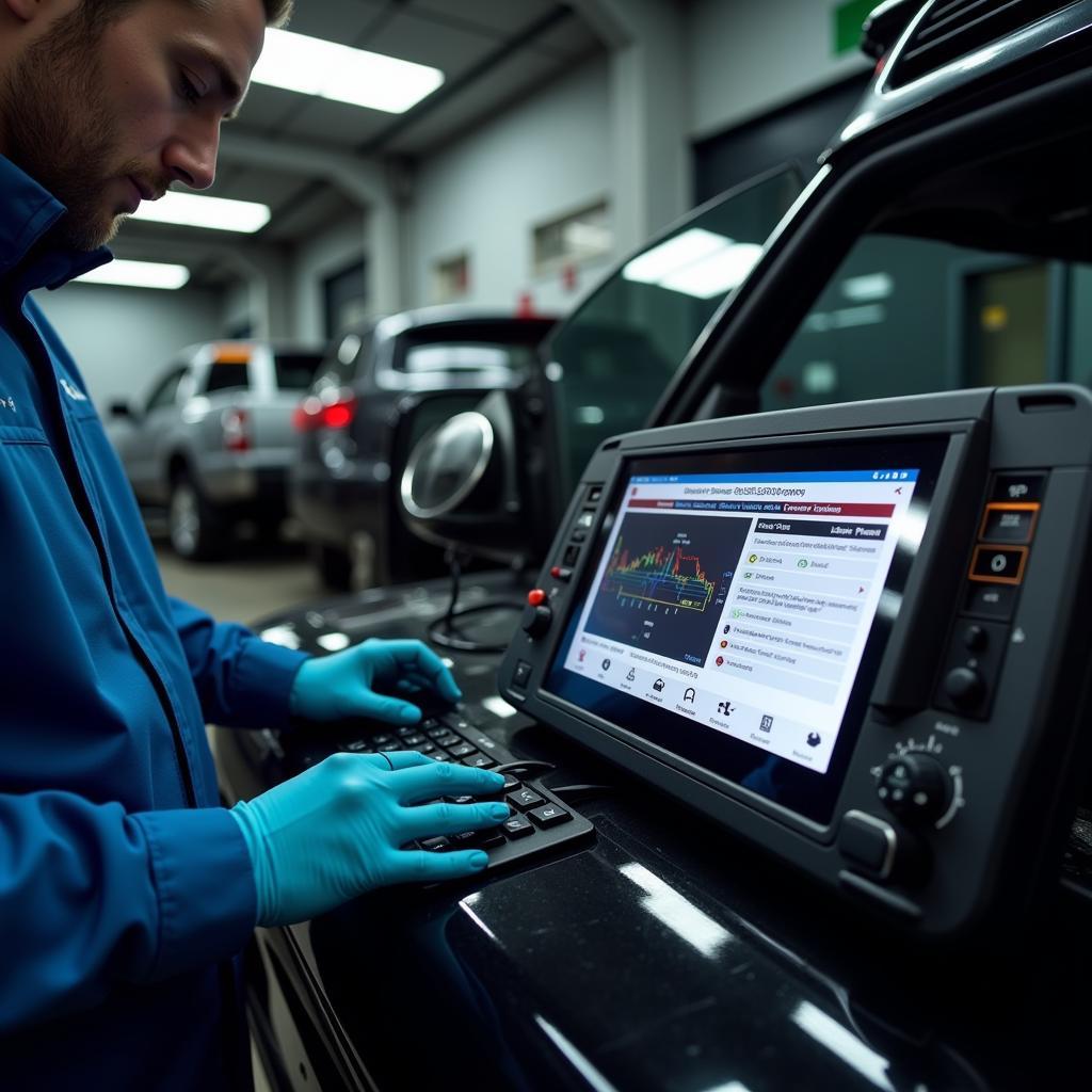 Sophisticated diagnostic equipment being used on a vehicle at a car service centre in Ipswich.