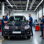 Modern Volkswagen service center with mechanics working on a car