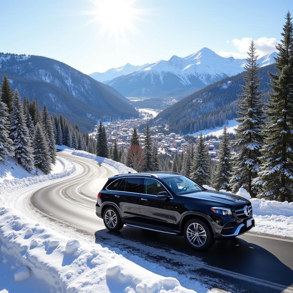 Black car service navigating a snowy mountain road with Mont Tremblant village in the distance.