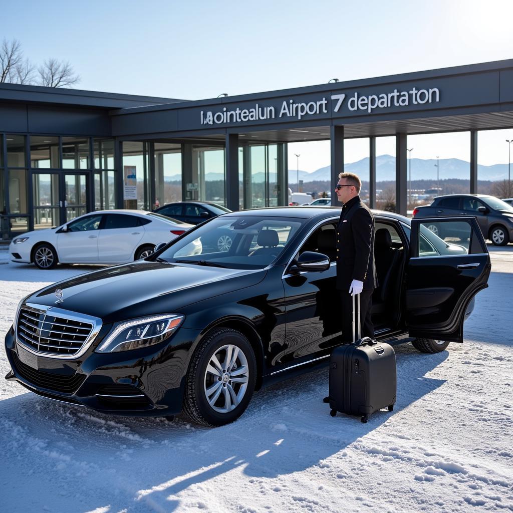 Luxury car service parked in front of Montreal Airport, ready to depart for Mont Tremblant