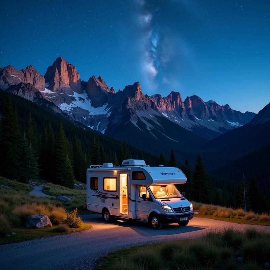 Motorhome Parked at Aire with Mountain View