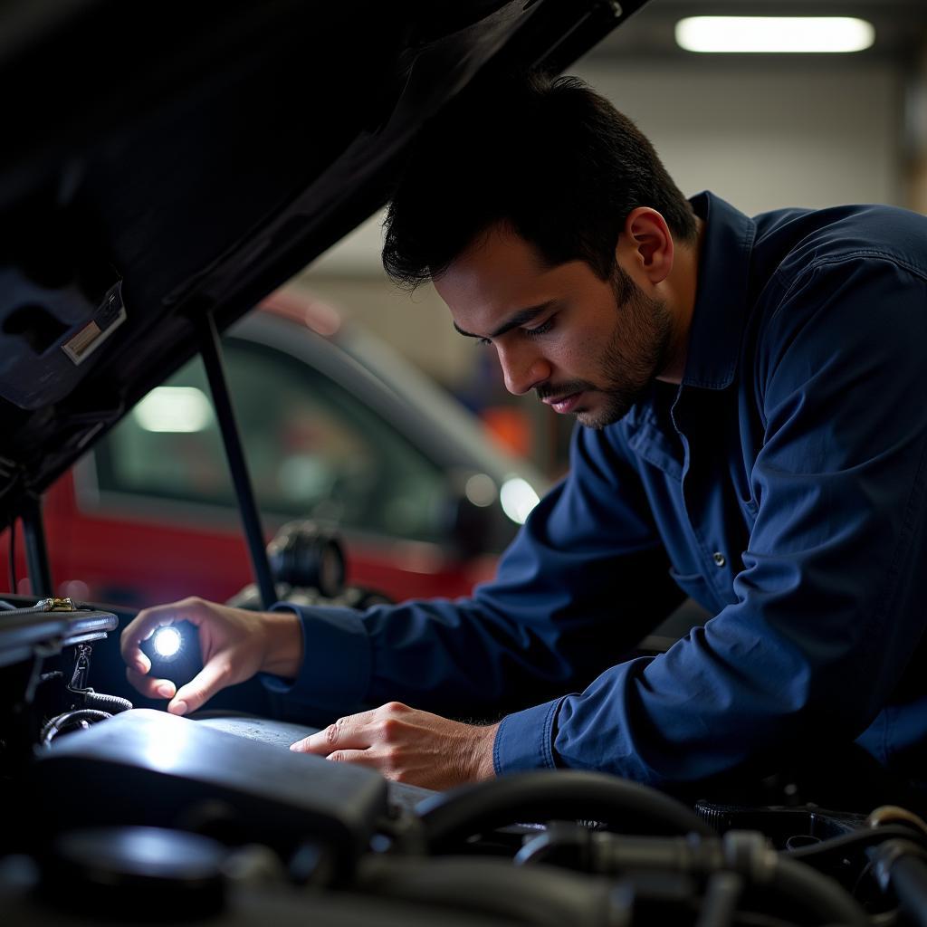 Car mechanic inspecting engine in Mumbai