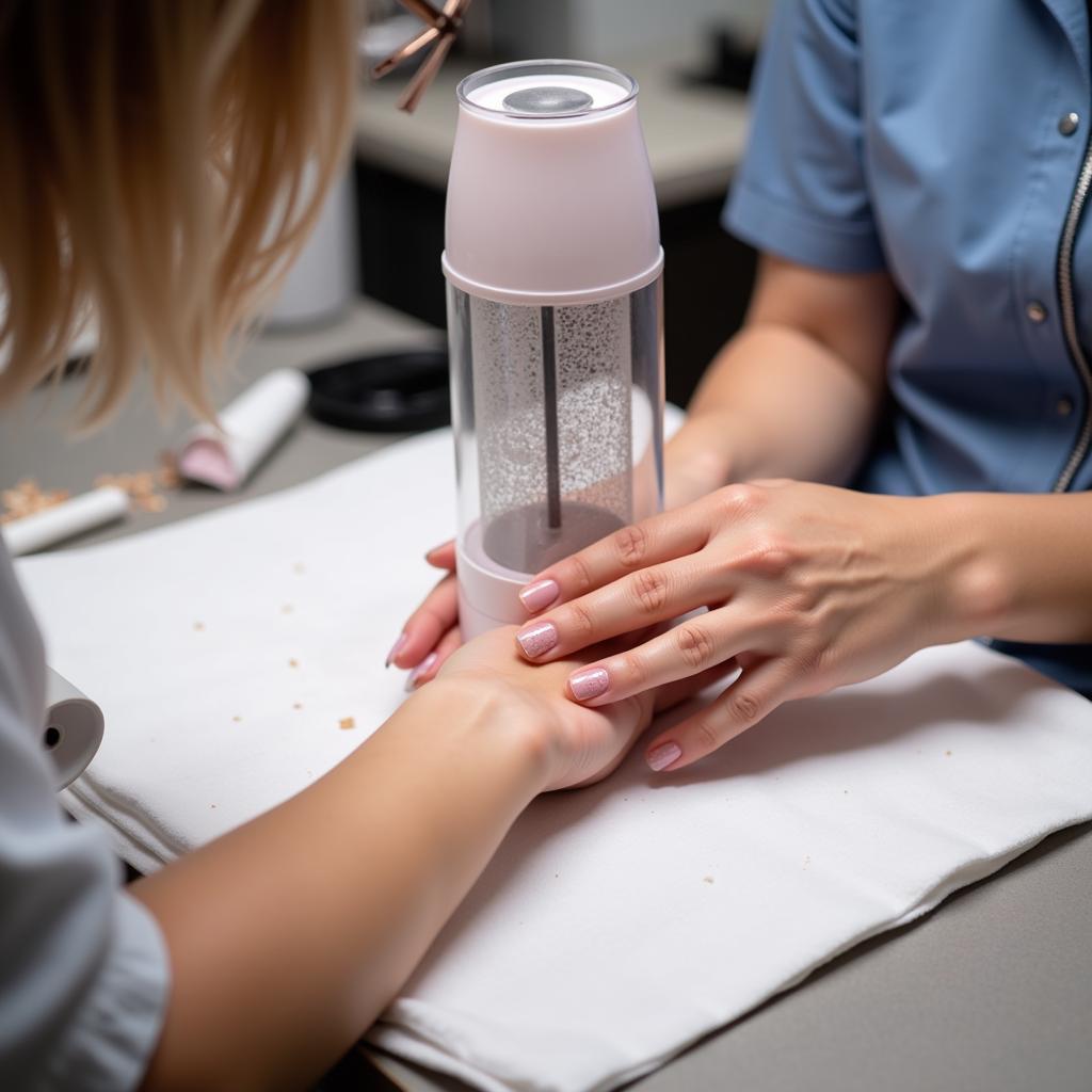  A nail technician using a nail dust collector while performing a manicure.