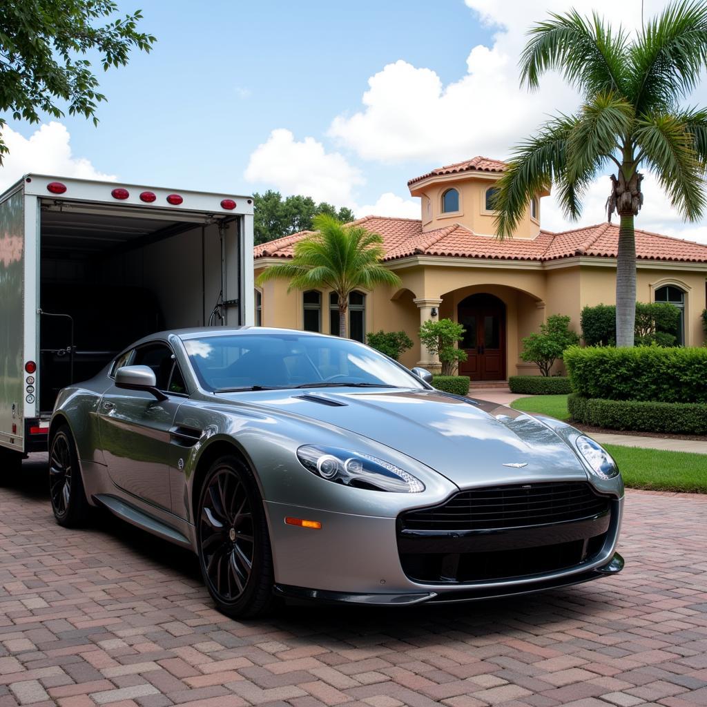 A car being unloaded from a carrier truck in the driveway of a beautiful home in Boca Raton