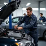 Mechanic inspecting a brand new car in a professional service center