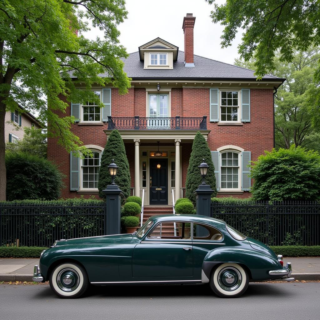 A chauffeured car parked on a tree-lined street with a grand mansion in the background.