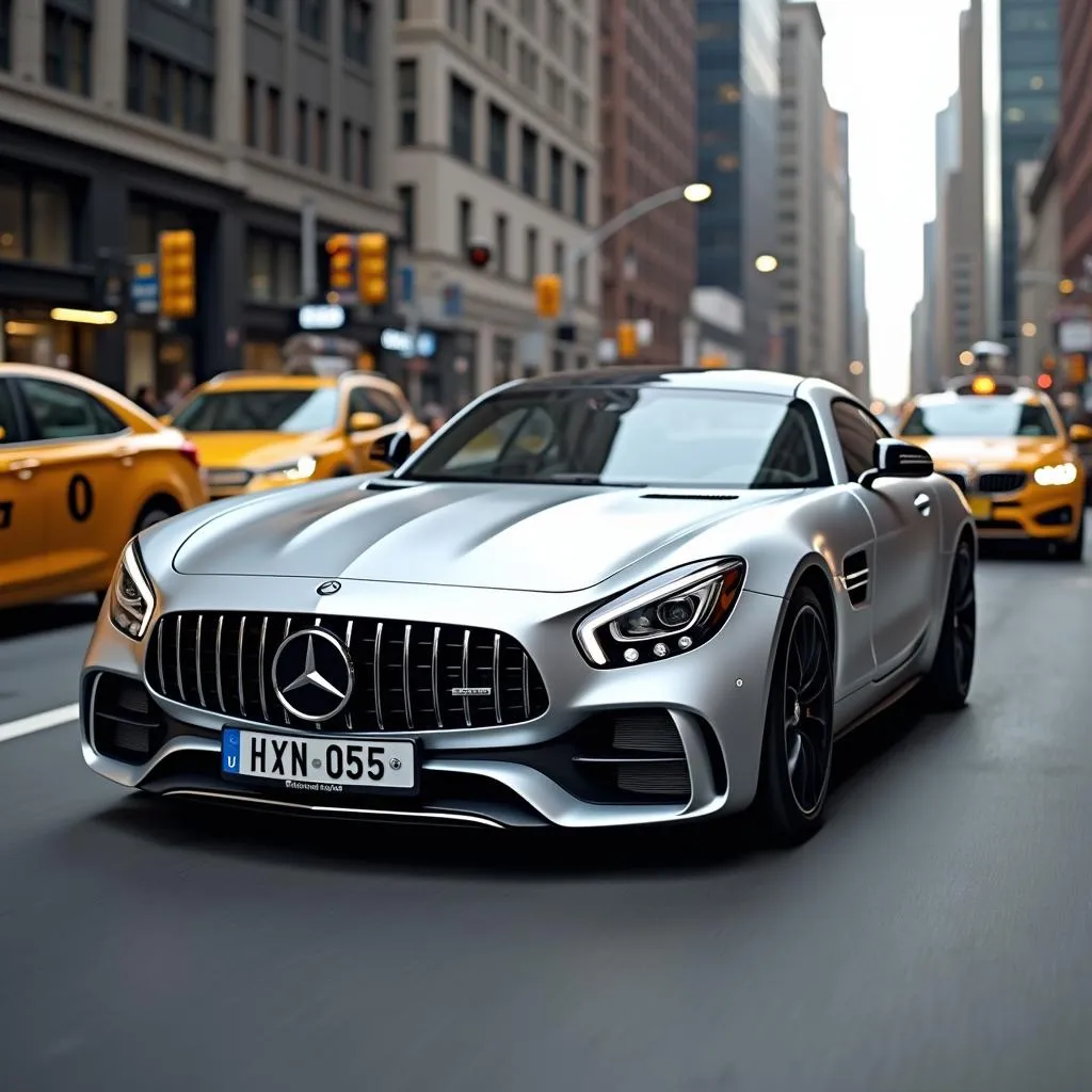 Modern silver Mercedes-Benz driving in New York City