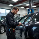 Mechanic inspecting a car in a Newport Beach auto repair shop