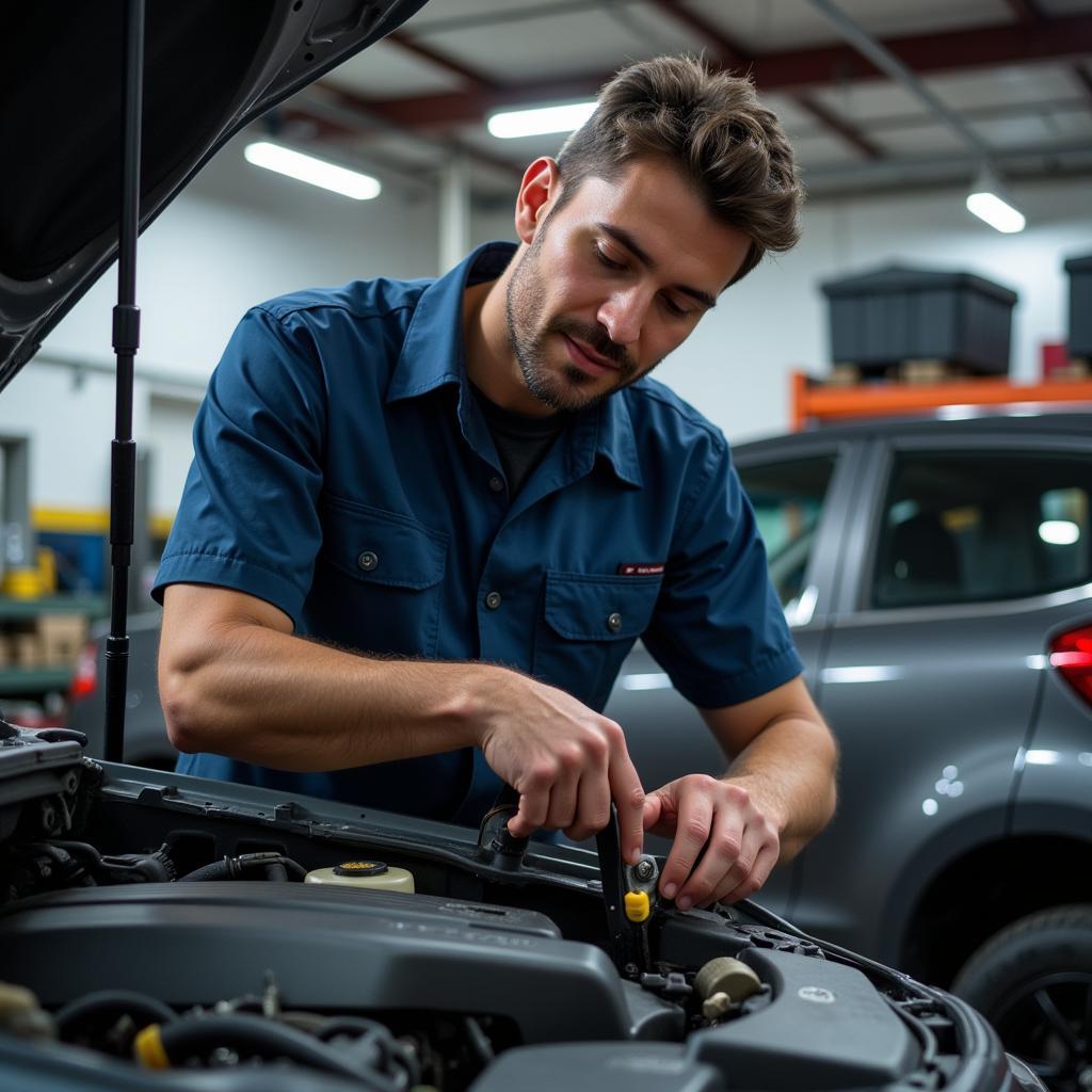 Experienced mechanic working on a car at a non-s dealer