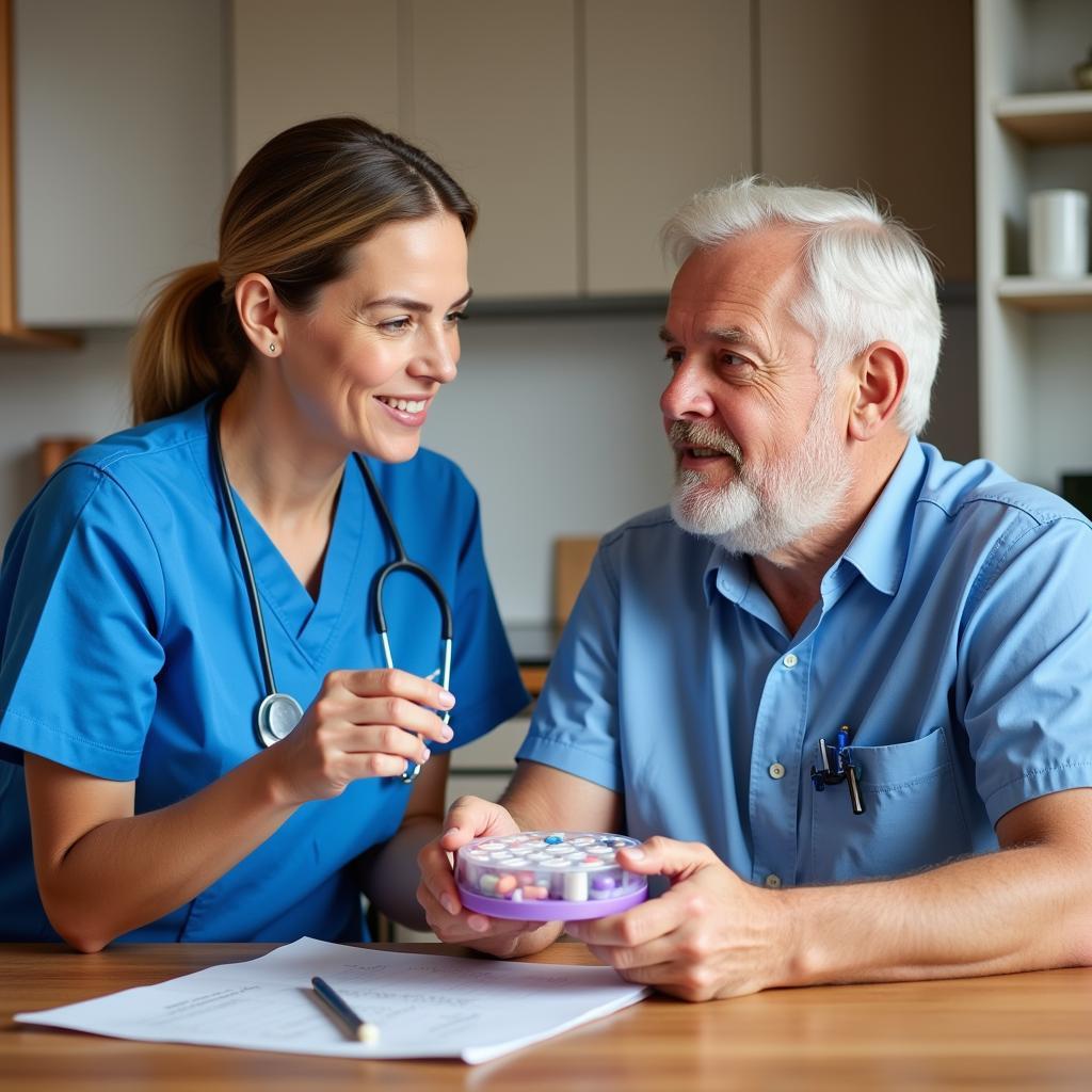 Nurse assisting an elderly man with his medication at home