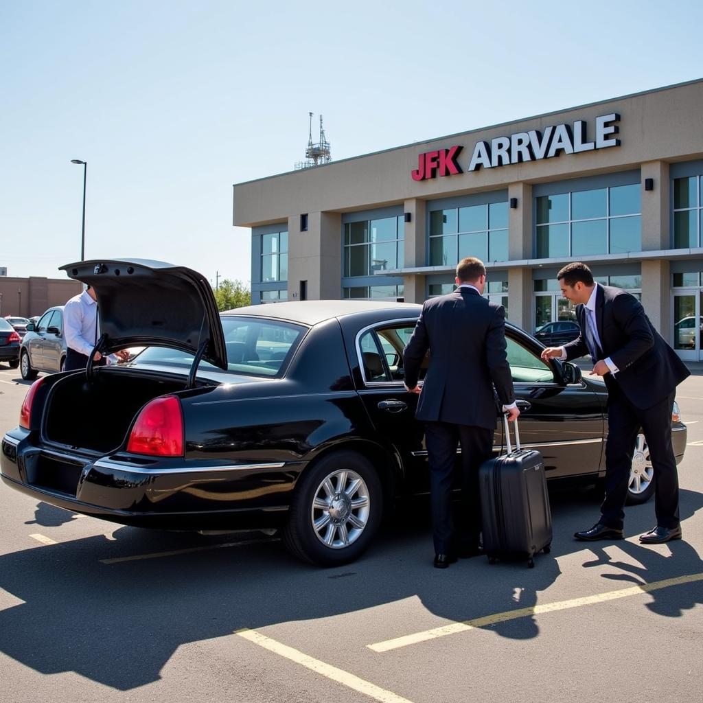 Black car service picking up passengers at JFK Airport.