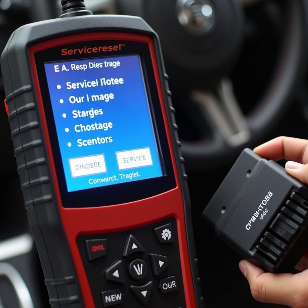  OBD-II scanner connected to a car's OBD-II port for a service reset.