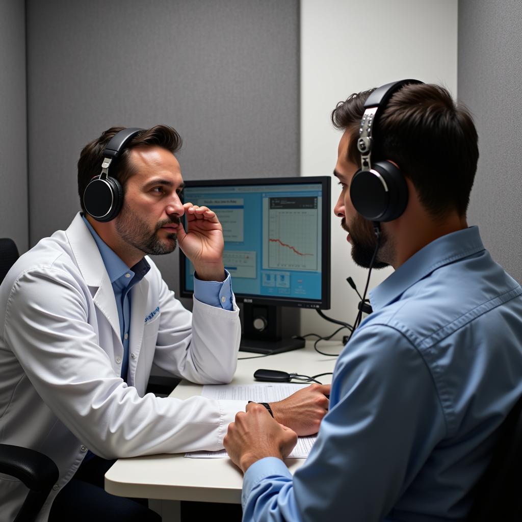 Occupational health professional conducting a hearing test