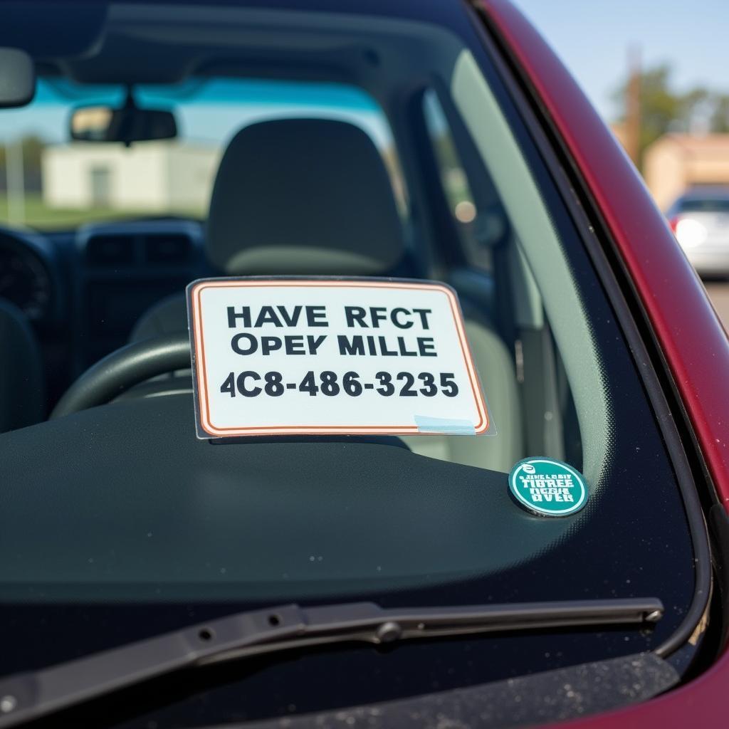 Close-up of an oil change reminder sticker on a car windshield