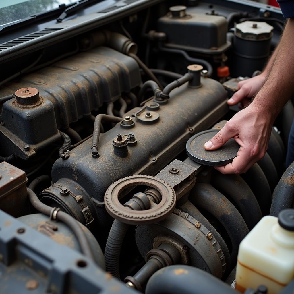 Close-up of an older car engine showing signs of wear and tear