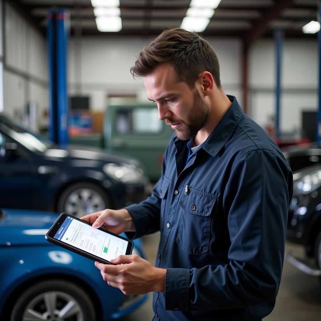 Mechanic Using a Digital Tablet in a Repair Shop