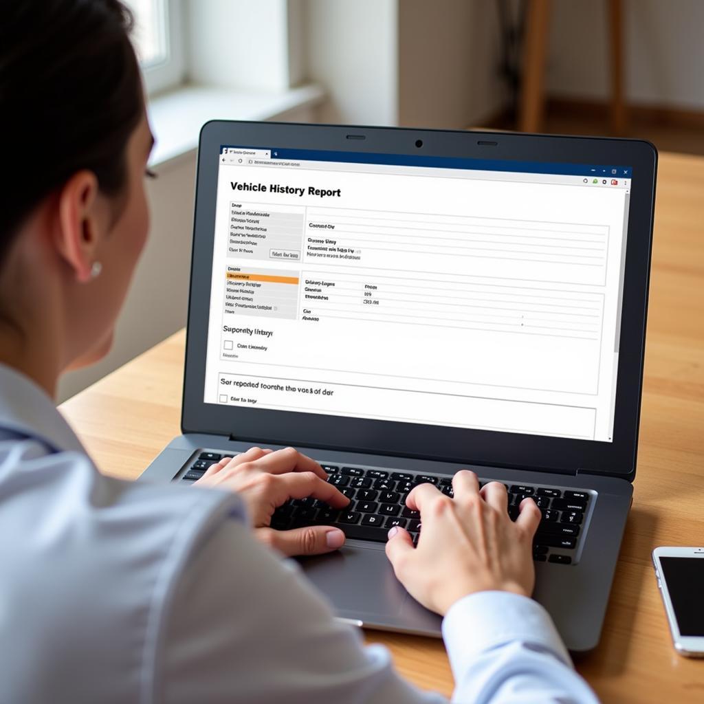 Online vehicle history report on a laptop screen