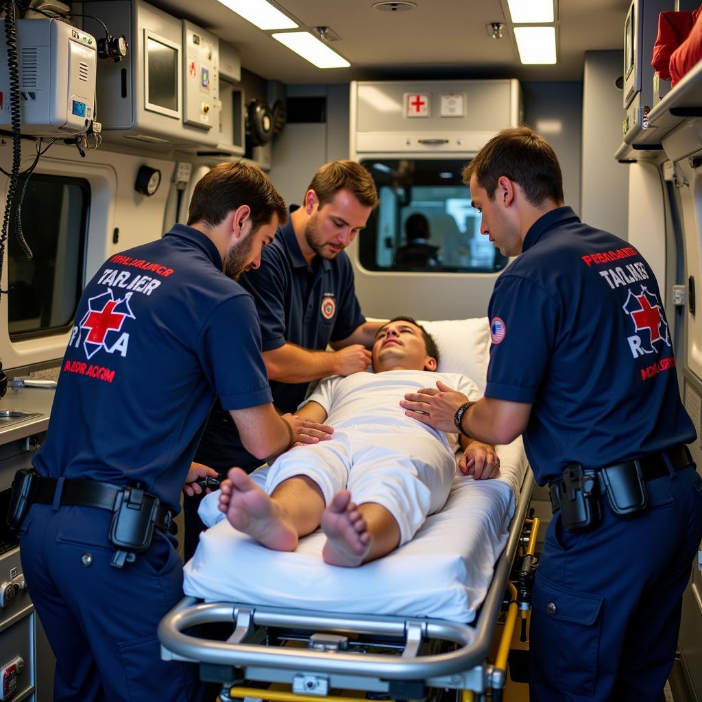 Paramedics assisting a patient in an ambulance