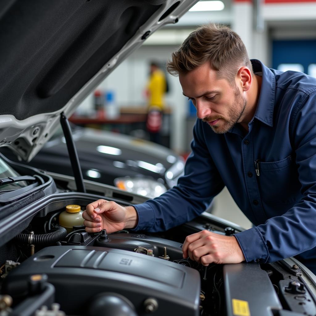 Mechanic inspecting a car's engine bay with a part service history